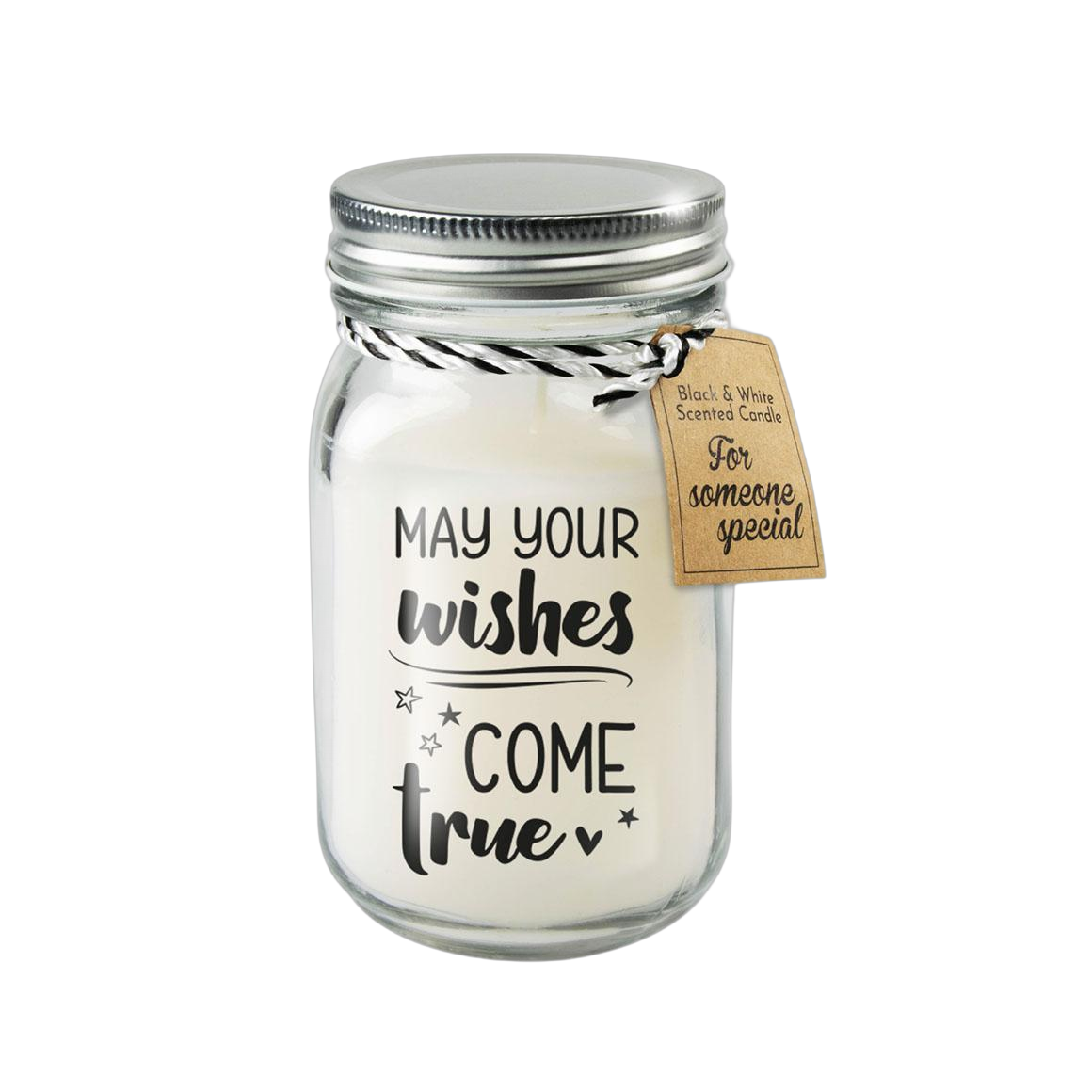 Deze black and white scented candle met tekst May your wishes is verkrijgbaar in een mooie glazen pot, bevat 340 gram kaarsvet en heeft hierdoor ongeveer 80 branduren.