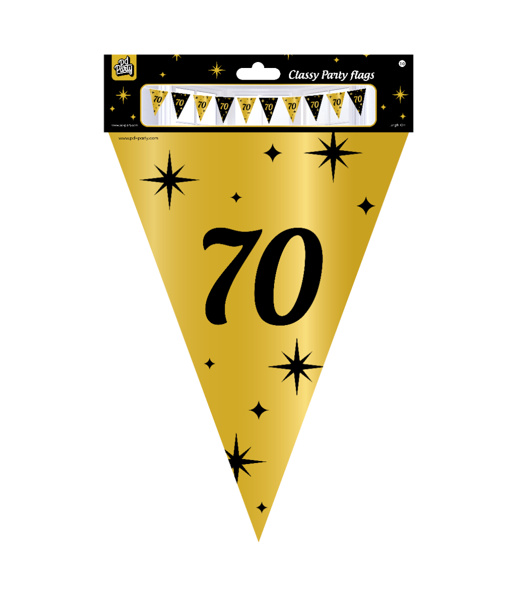 De Classy party flags foil 70 zijn de ideale versiering op de verjaardag van een 70-jarige. Door de kleurencombinatie zwart goud en het 'classy' design vallen deze party vlaggen dan ook extra goed op! De aan beide kanten bedrukte vlaggetjes zijn gemaakt van folie, hebben een lengte van 10 meter en deze vlaggetjes slinger kan worden besteld per 6. Naast vlaggenlijnen heeft Paper Dreams nog veel meer feestversiering in het zwart goud, zoals bijvoorbeeld feestelijke ballonnen of swirl decorations.
