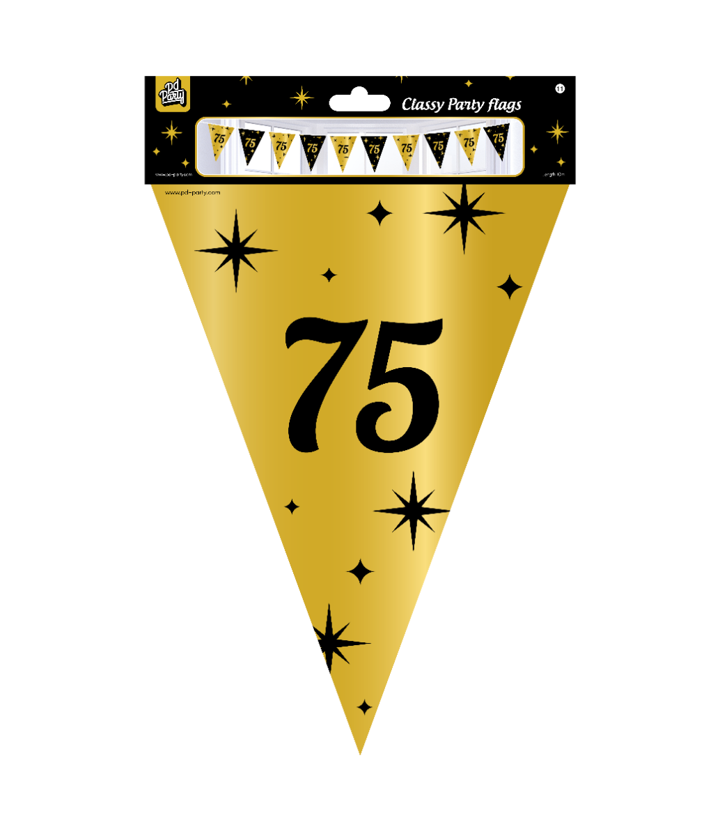De Classy party flags foil 75 zijn de ideale versiering op de verjaardag van een 75-jarige. Door de kleurencombinatie zwart goud en het 'classy' design vallen deze party vlaggen dan ook extra goed op! De aan beide kanten bedrukte vlaggetjes zijn gemaakt van folie, hebben een lengte van 10 meter en deze vlaggetjes slinger kan worden besteld per 6. Naast vlaggenlijnen heeft Paper Dreams nog veel meer feestversiering in het zwart goud, zoals bijvoorbeeld feestelijke ballonnen of swirl decorations.
