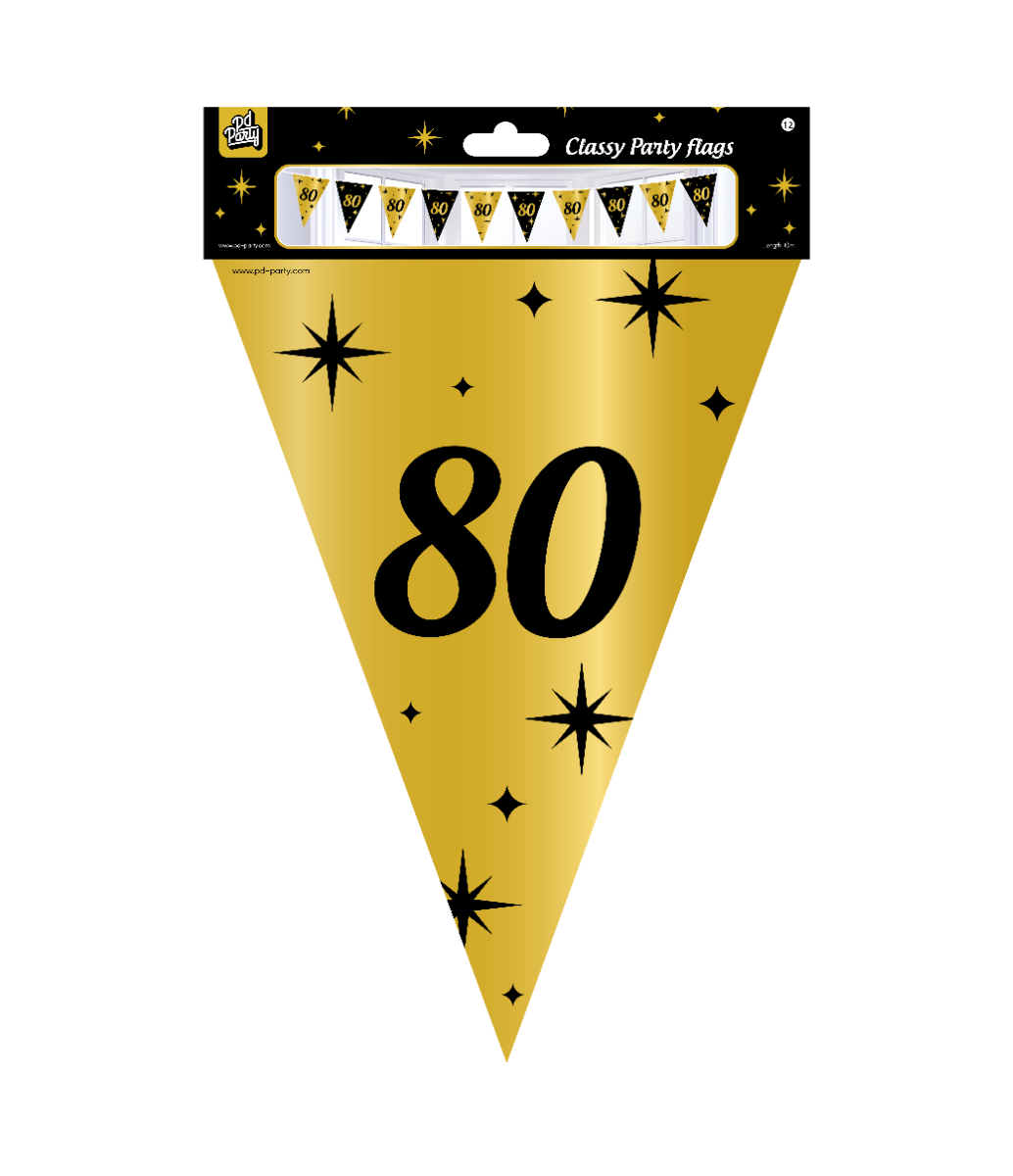 De Classy party flags foil 80 zijn de ideale versiering op de verjaardag van een 80-jarige. Door de kleurencombinatie zwart goud en het 'classy' design vallen deze party vlaggen dan ook extra goed op! De aan beide kanten bedrukte vlaggetjes zijn gemaakt van folie, hebben een lengte van 10 meter en deze vlaggetjes slinger kan worden besteld per 6. Naast vlaggenlijnen heeft Paper Dreams nog veel meer feestversiering in het zwart goud, zoals bijvoorbeeld feestelijke ballonnen of swirl decorations.
