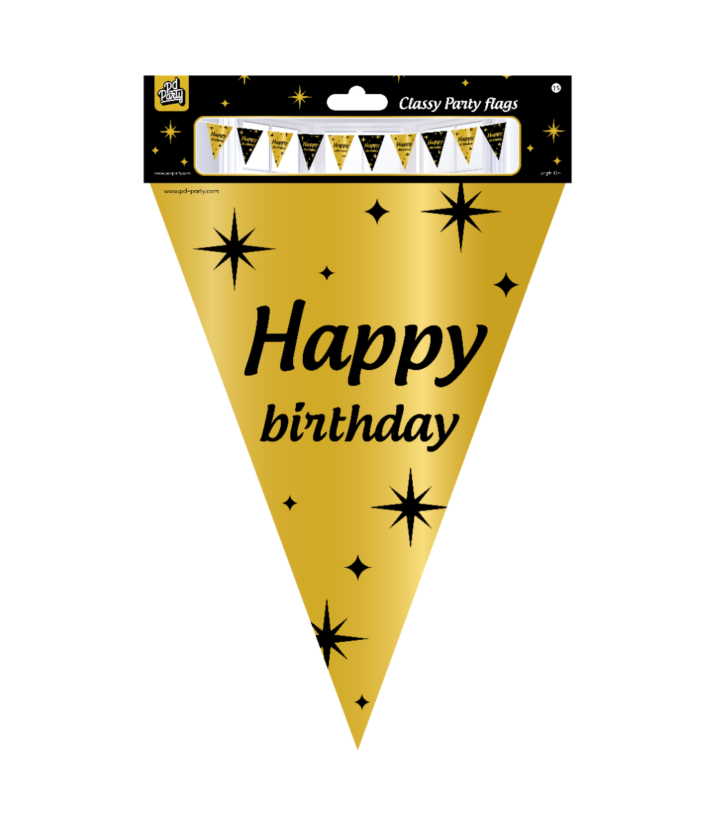 De Classy party flags Happy Birthday zijn de ideale versiering op een verjaardagsfeest. Door de kleurencombinatie zwart goud en het 'classy' design vallen deze party vlaggen dan ook extra goed op! De aan beide kanten bedrukte vlaggetjes zijn gemaakt van folie, hebben een lengte van 10 meter en deze vlaggetjes slinger kan worden besteld per 6. Naast vlaggenlijnen heeft Paper Dreams nog veel meer feestversiering in het zwart goud, zoals bijvoorbeeld feestelijke ballonnen of swirl decorations.