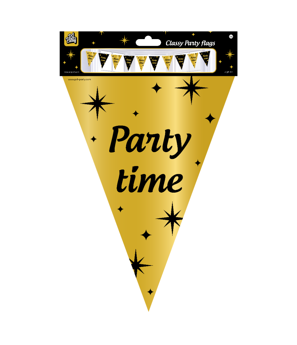 De Classy party flags Party time! zijn de ideale versiering op elk feestje! Door de kleur zwart goud en het 'classy' design vallen deze party vlaggen dan ook extra goed op! De aan beide kanten bedrukte vlaggetjes zijn gemaakt van folie, hebben een lengte van 10 meter en deze vlaggetjes slinger kan worden besteld per 6. Naast vlaggenlijnen heeft Paper Dreams nog veel meer feestversiering in het zwart goud, zoals bijvoorbeeld feestelijke ballonnen of swirl decorations.
