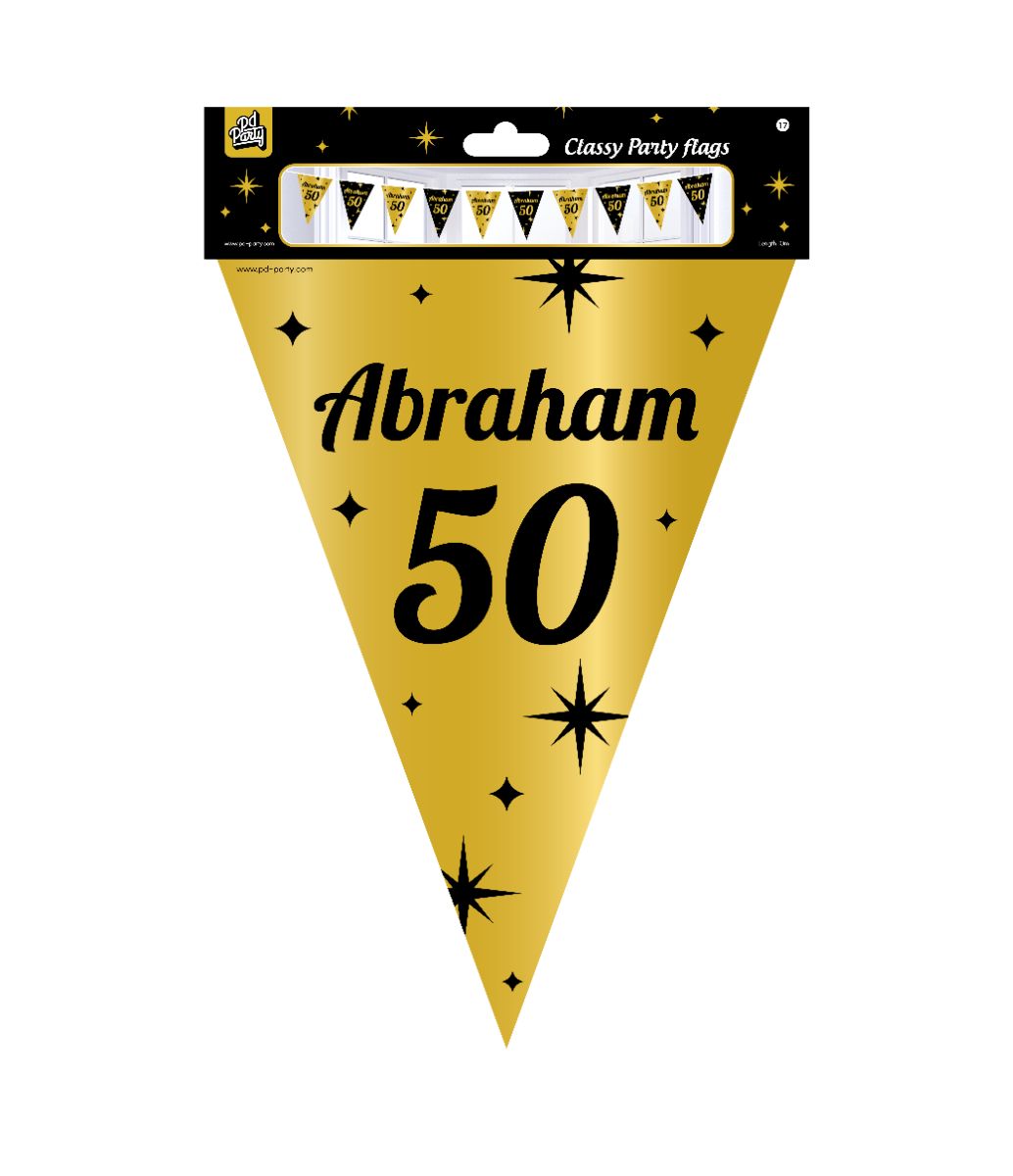 De Classy party flags Abraham 50 zijn de ideale versiering op de verjaardag van een 50-jarige. Door de kleur zwart goud en het 'classy' design vallen deze party vlaggen dan ook extra goed op! De aan beide kanten bedrukte vlaggetjes zijn gemaakt van folie, hebben een lengte van 10 meter en deze vlaggetjes slinger kan worden besteld per 6. Naast vlaggenlijnen heeft Paper Dreams nog veel meer feestversiering in het zwart goud, zoals bijvoorbeeld feestelijke ballonnen of swirl decorations.