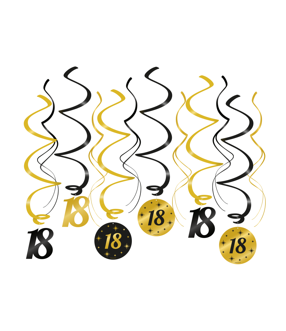 Een luxe feestje kan niet zonder deze black/gold classy party swirls en deze met opdruk 18 maakt het feestje echt af! Deze unieke zwart gouden swirls zijn gemaakt van plastic en papier en zijn ongeveer 70 centimeter lang. 