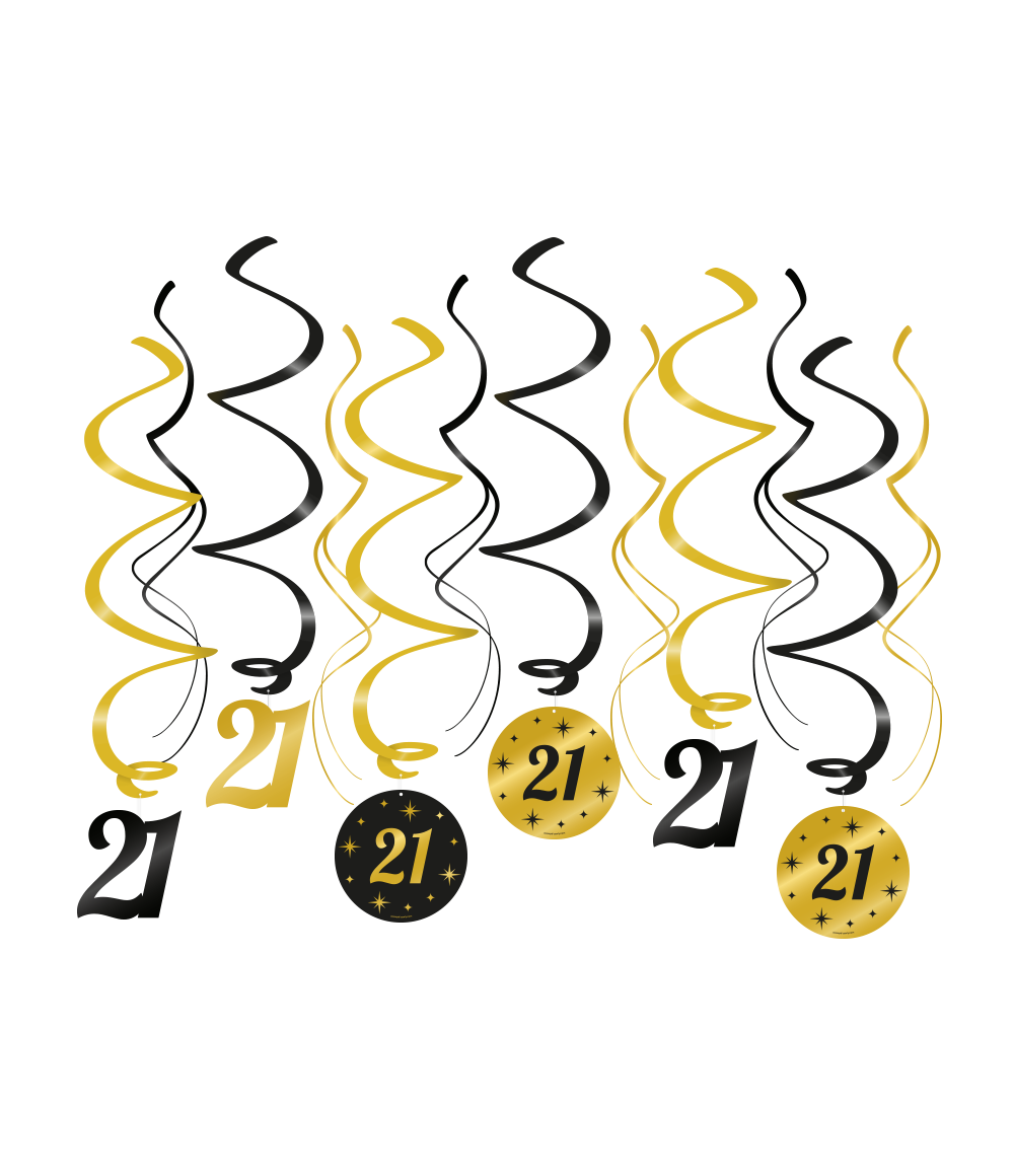 Een luxe feestje kan niet zonder deze black/gold classy party swirls en deze met opdruk 21 maakt het feestje echt af! Deze unieke zwart gouden swirls zijn gemaakt van plastic en papier en zijn ongeveer 70 centimeter lang.