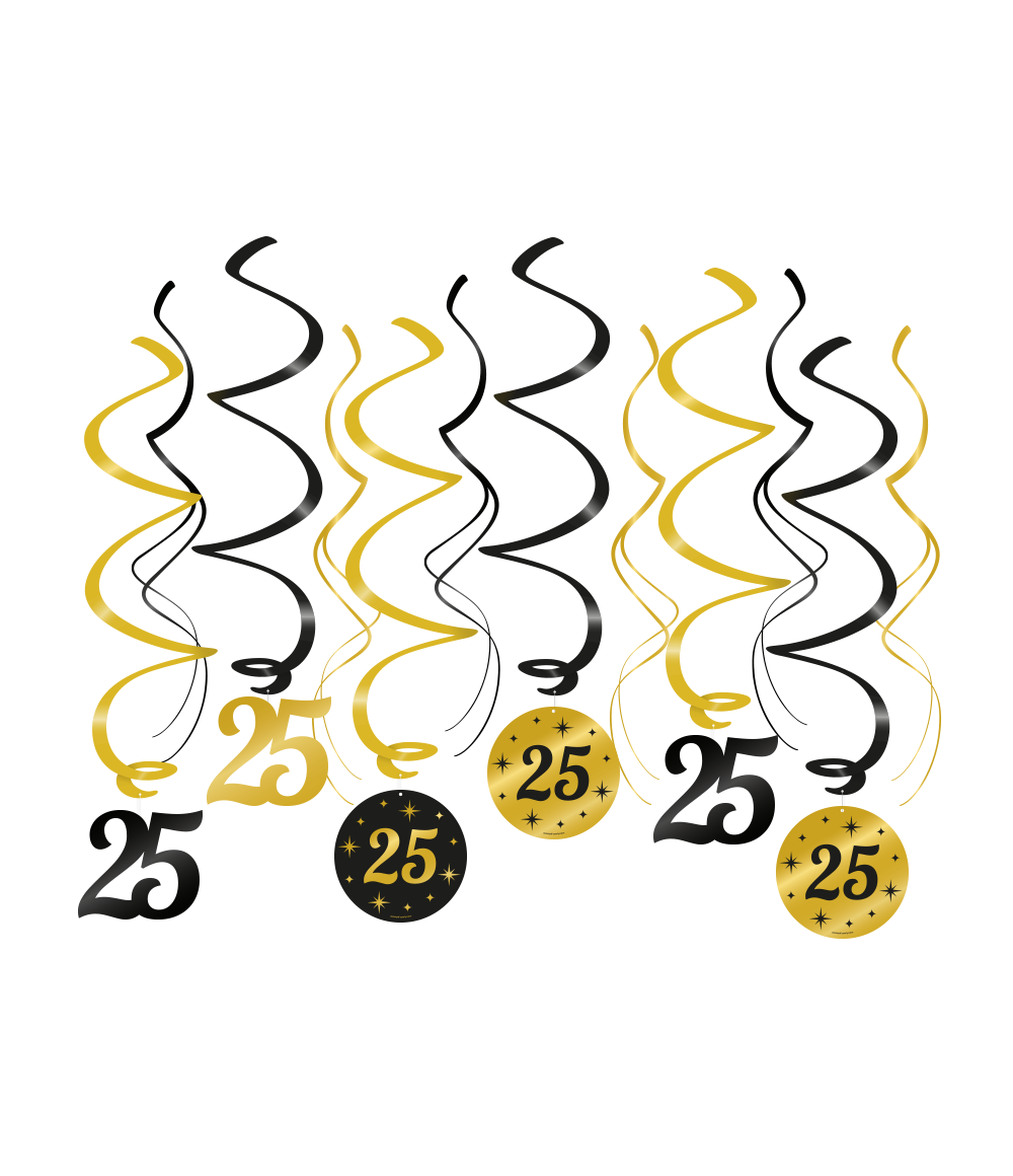 Een luxe feestje kan niet zonder deze black/gold classy party swirls en deze met opdruk 25 maakt het feestje echt af! Deze unieke zwart gouden swirls zijn gemaakt van plastic en papier en zijn ongeveer 70 centimeter lang.