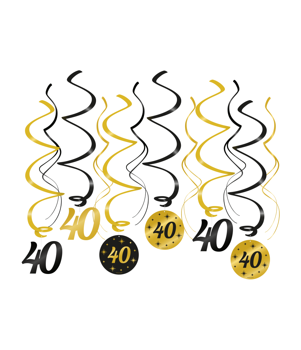 Een luxe feestje kan niet zonder deze black/gold classy party swirls en deze met opdruk 40 maakt het feestje echt af! Deze unieke zwart gouden swirls zijn gemaakt van plastic en papier en zijn ongeveer 70 centimeter lang.