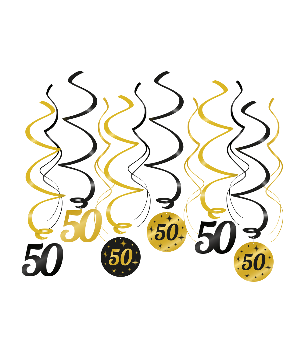 Een luxe feestje kan niet zonder deze black/gold classy party swirls en deze met opdruk 50 maakt het feestje echt af! Deze unieke zwart gouden swirls zijn gemaakt van plastic en papier en zijn ongeveer 70 centimeter lang.