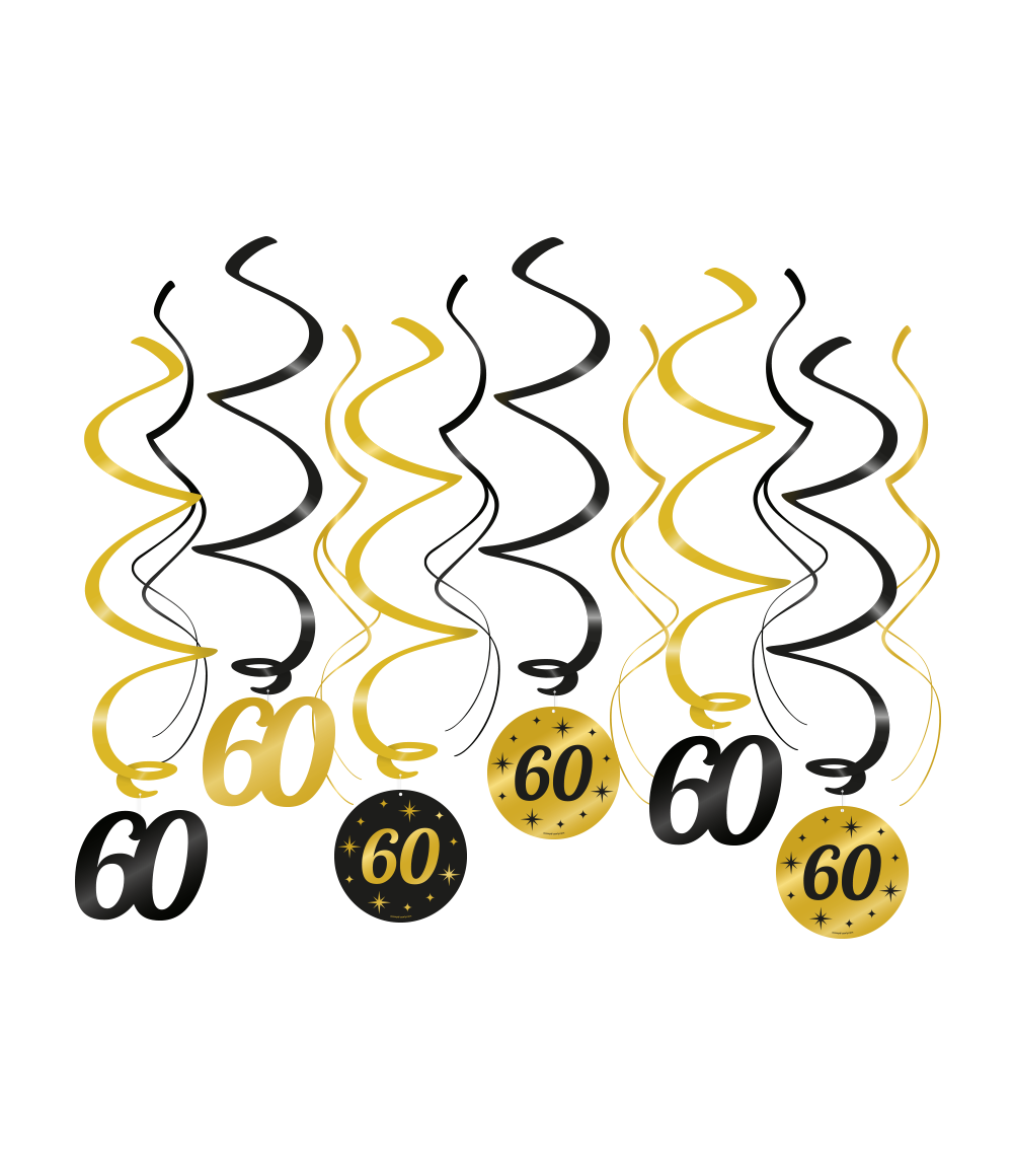 Een luxe feestje kan niet zonder deze black/gold classy party swirls en deze met opdruk 60 maakt het feestje echt af! Deze unieke zwart gouden swirls zijn gemaakt van plastic en papier en zijn ongeveer 70 centimeter lang.