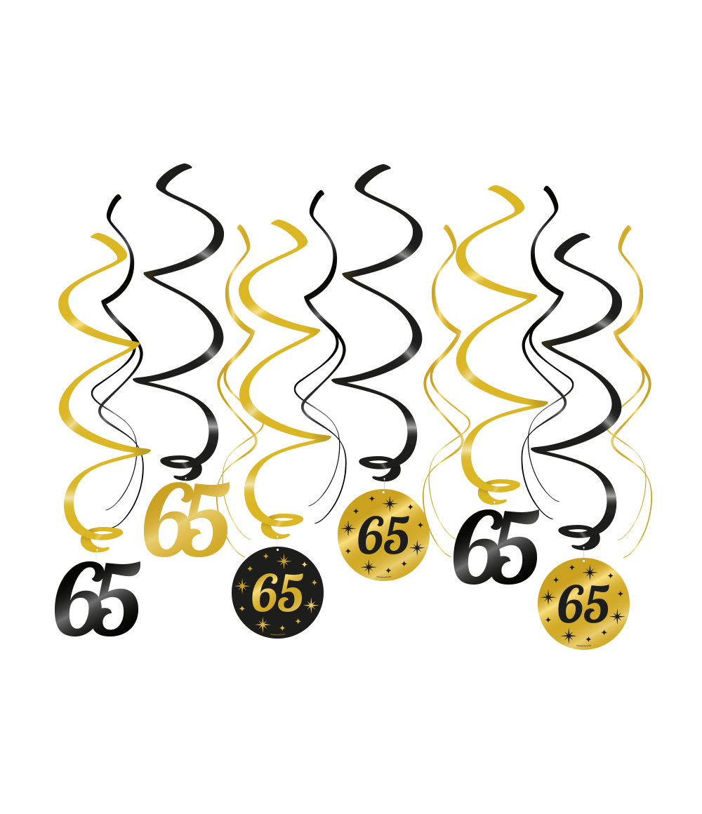 Een luxe feestje kan niet zonder deze black/gold classy party swirls en deze met opdruk 65 maakt het feestje echt af! Deze unieke zwart gouden swirls zijn gemaakt van plastic en papier en zijn ongeveer 70 centimeter lang.