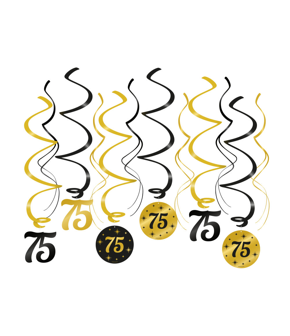 Een luxe feestje kan niet zonder deze black/gold classy party swirls en deze met opdruk 75 maakt het feestje echt af! Deze unieke zwart gouden swirls zijn gemaakt van plastic en papier en zijn ongeveer 70 centimeter lang. 