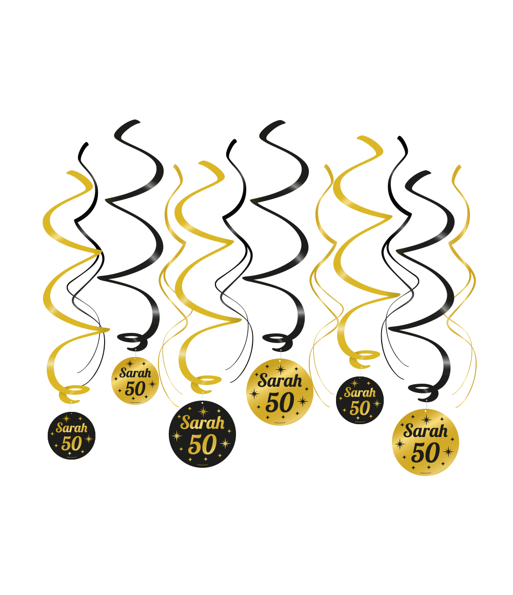 Een luxe feestje kan niet zonder deze black/gold classy party swirls en deze met opdruk Sarah 50 maakt het feestje echt af! Deze unieke zwart gouden swirls zijn gemaakt van plastic en papier en zijn ongeveer 70 centimeter lang.