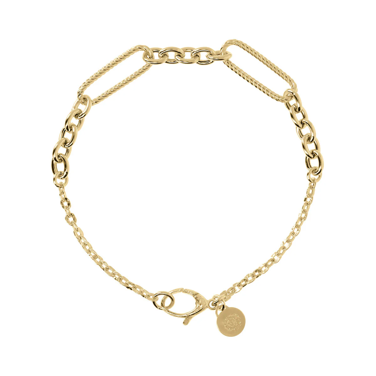 Etrusca Gioielli armband gemonteerd op een gouden basis, 18kt geelgoud verguld, verfraaid met een rolo ketting afgewisseld met rolo schakels en langwerpige ovalen met gehamerd oppervlak; karabijn sluiting.

18kt geelgouden plating
Gouden gepatenteerde legering
Ontworpen en gemaakt in Italië