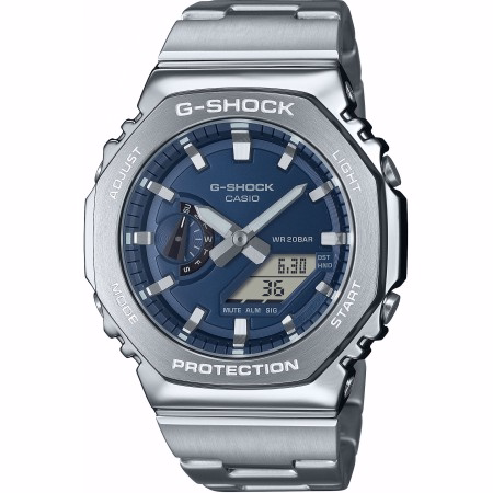 Casio G-Shock analoog/digitaal met stalen band en kast. donkerblauwe metallic wijzerplaat. Verlichting/stopwatch/timer/alarm. 200m wd.