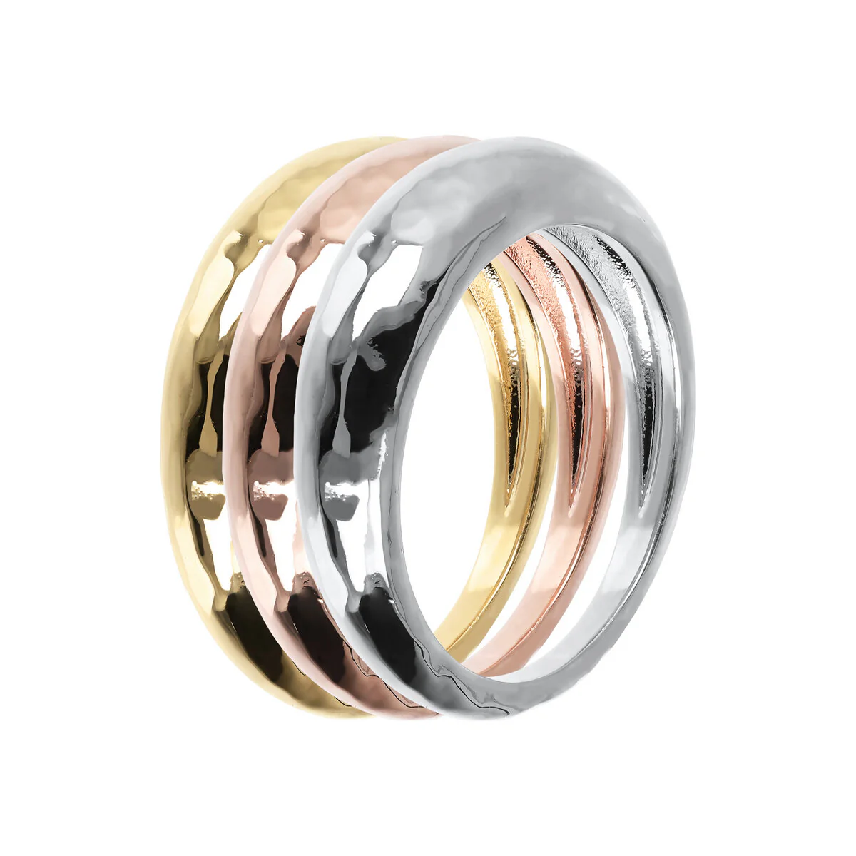 Set Etrusca Gioielli ringen gemonteerd op een gouden basis, 18kt verguld. De set bestaat uit drie ringen met een gehamerd oppervlak, verguld in 18kt geel-, roze- en witgoud.

18kt vergulding

Ontworpen en gemaakt in Italië