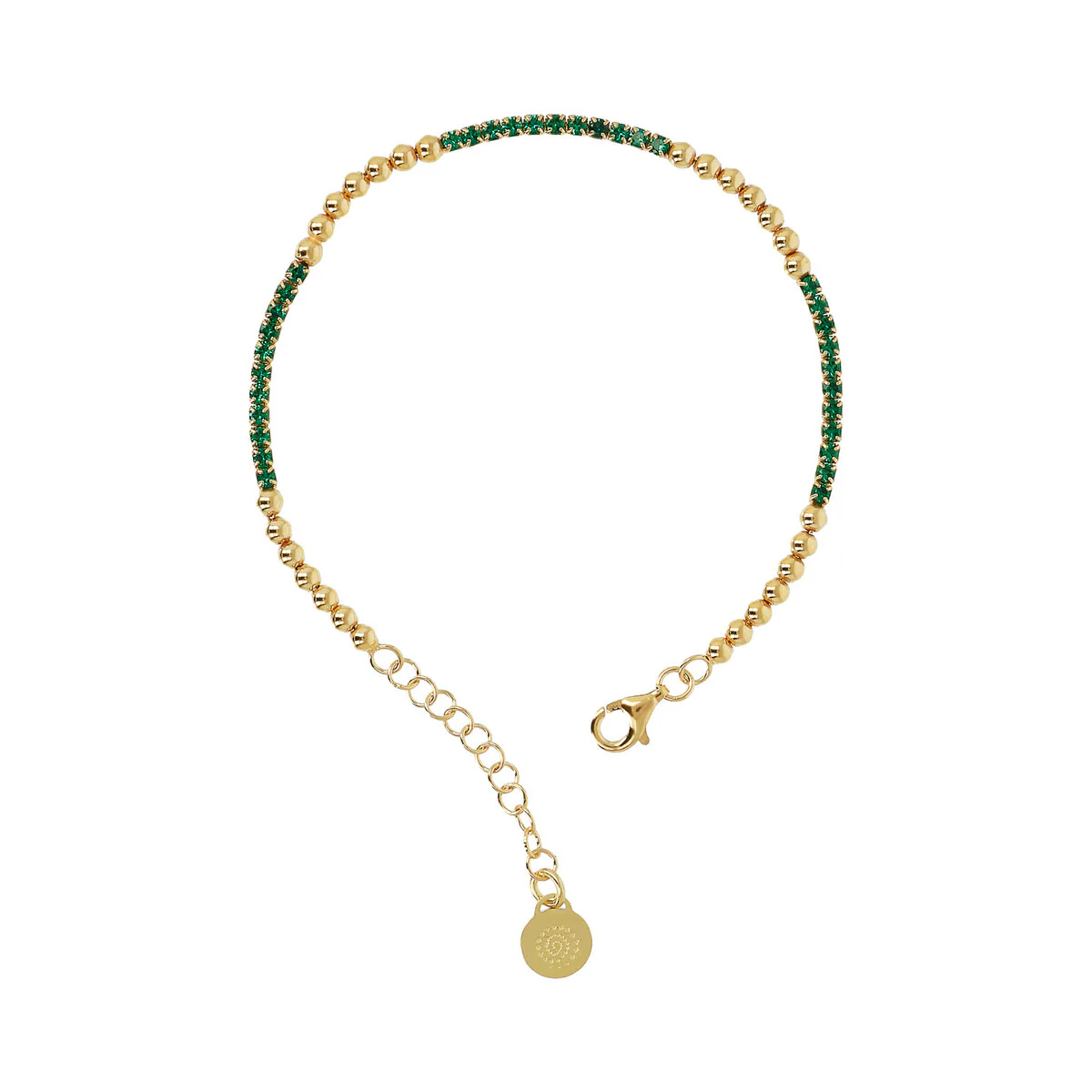 Etrusca Gioielli gemengde tennisarmband in 925 zilver, 18kt geelgoud verguld, verfraaid met kleine gouden bollen afgewisseld met zirkonia, lichtgevende kwaliteit; Karabijnsluiting met verlengstuk.

18kt geelgouden plating
Ontworpen en gemaakt in Italië
