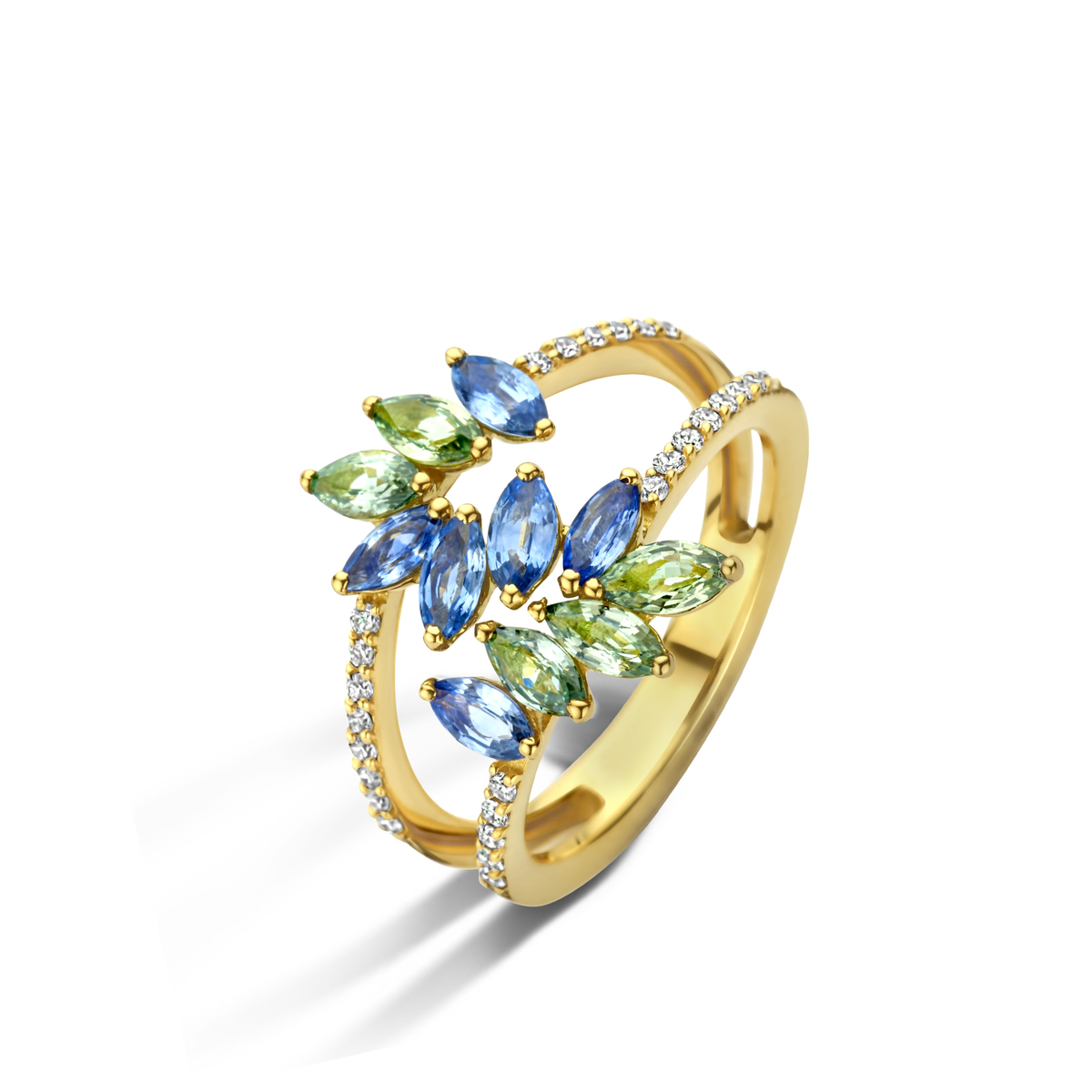 

Ring in geel goud 18 kt met
27Diamant(en) briljant slijpsel0.19 ctSiG-H
5Groene saffier0.83 ct
6Blauwe saffier0.84 ct