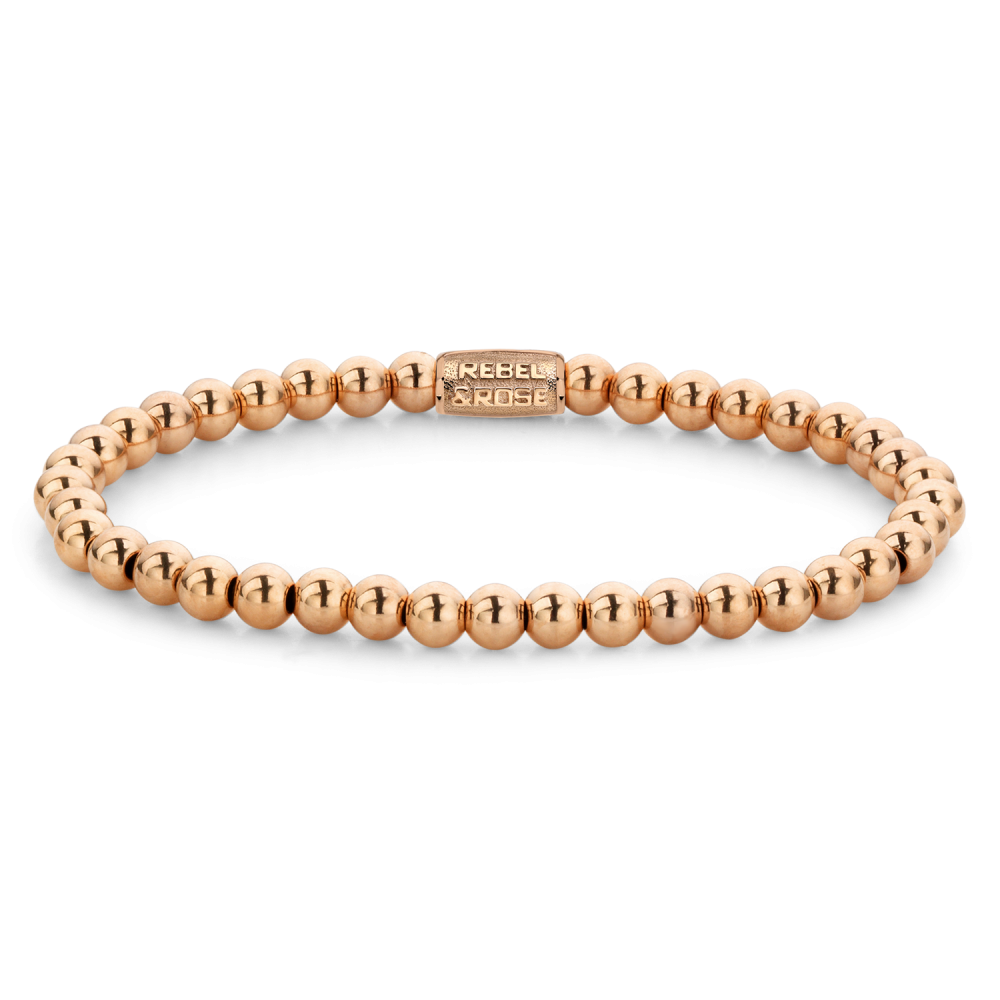 Edelstenen bead armband, handgemaakt van 4mm stenen met een 18 karaat roségoud vergulde sluiting. Het Rebel & Rose sieraad is makkelijk te combineren met andere zilveren, leren of kralenarmbanden.