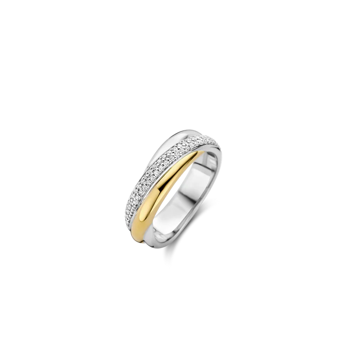 Tisento zilveren damesring. Bol crossover model met zirkonia, goudkleur en zilver. 
