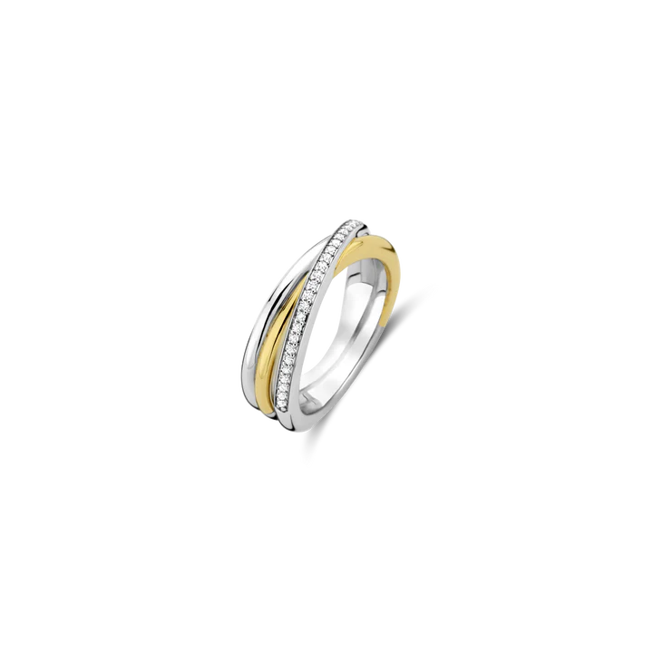  Ti Sento zilveren damesring. Crossover model zirkonia, goudkleur en zilver. 