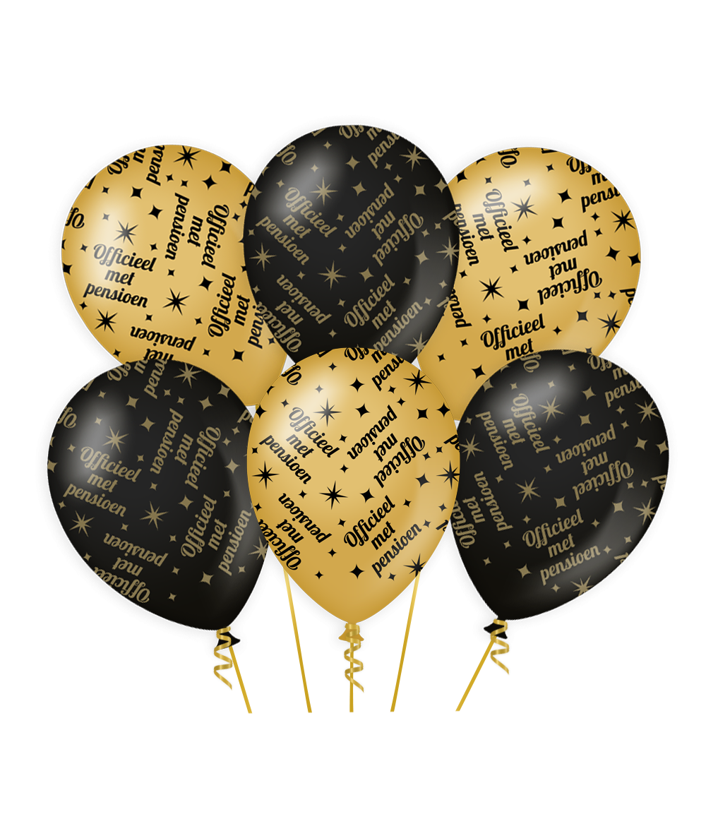 De gold/black Classy party balloons van Paper Dreams zijn een feestelijke toevoeging voor elke winkel. Deze goud/zwarte ballon met Pensioen is gemaakt van natuurlijk latex en door het unieke kleurgebruik zijn deze luxe ballonnen een echte eyecatcher. De Classy party balloons zijn 30 bij 30 centimeter en ze zijn te bestellen per 6. 
