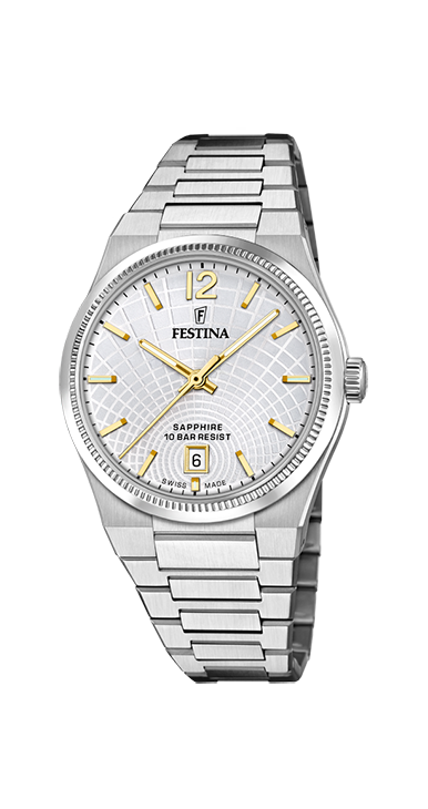 De Festina Horloge Swiss Made Staal safier heeft een elegante uitstraling met een stalen band en saffierglas. De functies omvatten onder andere een datumweergave en waterbestendigheid tot 50 meter. Draag dit horloge als een statement piece voor elke gelegenheid, van dag tot nacht. Het perfecte accessoire voor stijlvolle mannen en vrouwen. Maak je look compleet met dit prachtige horloge van Festina.