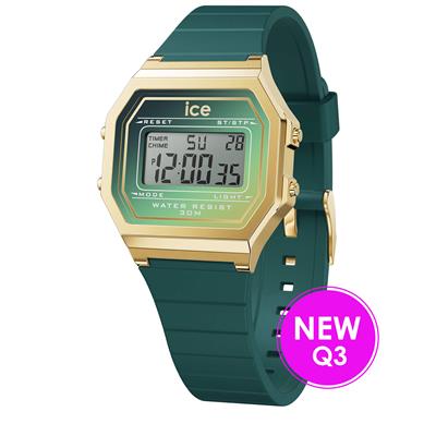 De ice watch ice digit retro - verdigris glow 023307 voor dames is uitgerust met een quartz uurwerk en een 32mm hars kast. De multi wijzerplaat is gehuisvest in een goudkleurig gekleurde kast en een groen siliconen band. Het horloge wordt geleverd in een originele doos en heeft een garantie van 2 jaar.