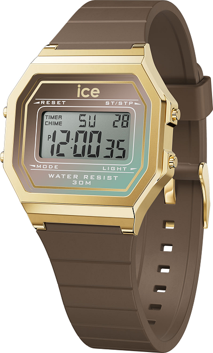 Op zoek naar een trendy en opvallend horloge? Dan is de ICE WATCH DIGIT RETRO MOCHA SHADE - SMALL 023308 de perfecte keuze voor jou! Dit horloge heeft een digitaal tijdaanduiding en een quartz uurwerk, wat zorgt voor een nauwkeurige en betrouwbare tijdweergave.

Met een diameter van 32 mm en een hoogte van 11 mm heeft dit horloge een compact en comfortabel formaat. De vierkante goudkleurige behuizing geeft het horloge een luxe uitstraling, terwijl het materiaal van kunststof ervoor zorgt dat het horloge lichtgewicht en duurzaam is.

De multicolor wijzerplaat zorgt voor een speelse en moderne look, terwijl het mineraalglas ervoor zorgt dat het horloge goed beschermd is tegen krassen en stoten. De bruine siliconen band is niet alleen comfortabel om te dragen, maar ook eenvoudig verstelbaar dankzij de handige gespsluiting.

Dit horloge is voorzien van een datumweergave, zodat je altijd op de hoogte bent van de juiste datum. Met een waterdichtheid van 3 bar is dit horloge spatwaterdicht, wat betekent dat je het kunt dragen tijdens dagelijkse activiteiten zoals handen wassen of regenbuien.

Als officieel Ice Watch verkooppunt kunnen wij garanderen dat dit horloge van hoge kwaliteit is en voldoet aan de strenge eisen van het merk. Of je nu op zoek bent naar een horloge voor dagelijks gebruik of voor een speciale gelegenheid, de ICE WATCH DIGIT RETRO MOCHA SHADE - SMALL 023308 is een stijlvolle en praktische keuze voor elke gelegenheid. Bestel vandaag nog en geniet van de trendy uitstraling van dit prachtige horloge!