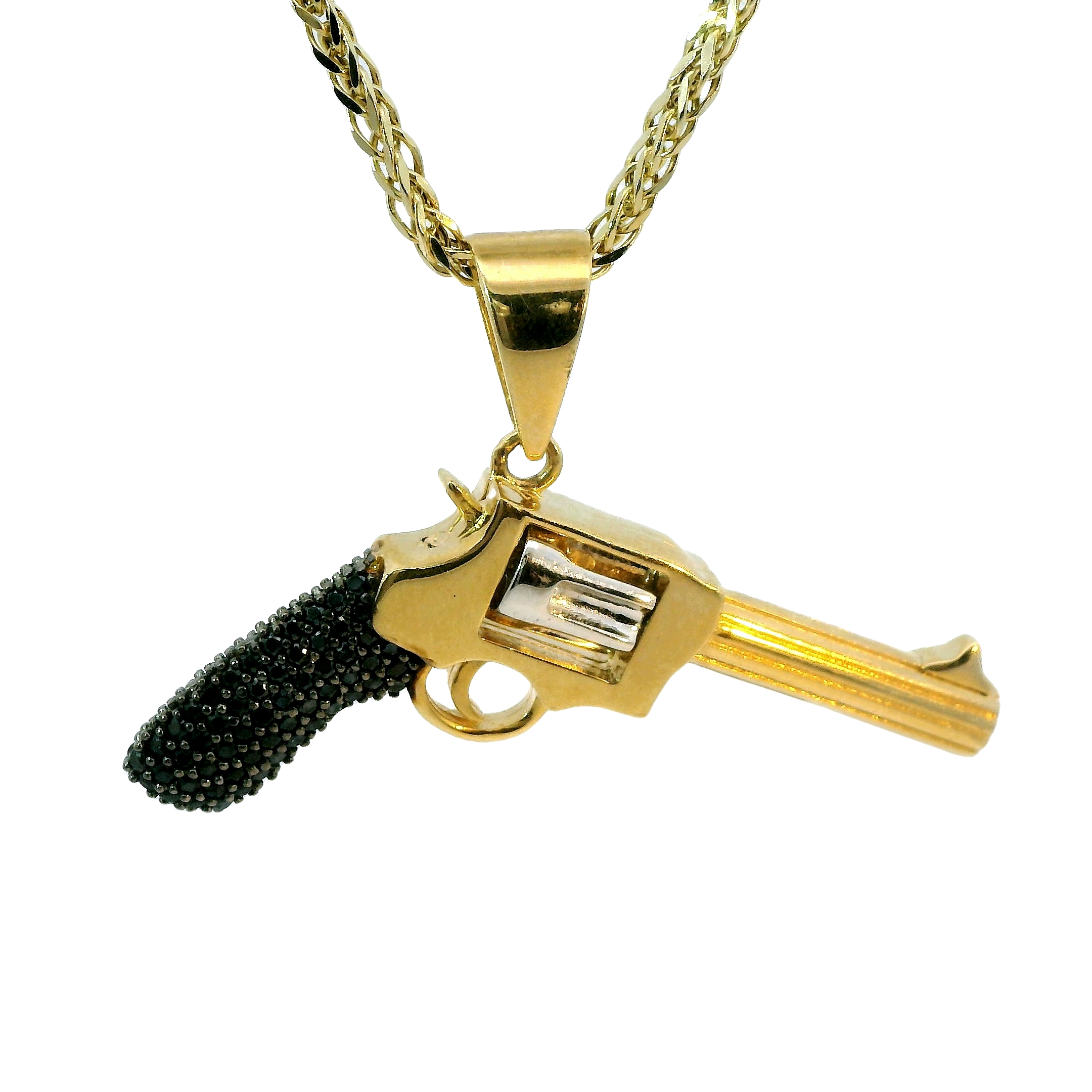 Deze hanger van Louis Bros is vervaardigd uit 14 karaat bicolor met zirkonia (8.36 gr.).
Deze hanger in de vorm van een pistool combineert twee tinten met finesse en geeft een gedurfde, eigentijdse look. Het pistool is verfijnd versierd met glinsterende zwarte zirkonia's, die een mysterieus en krachtig effect creëren. De mix van kleuren zorgt voor een stijlvol contrast, waardoor het sieraad opvalt zonder zijn elegantie te verliezen. Een perfect accessoire voor wie kracht en luxe in één statement wil verenigen.