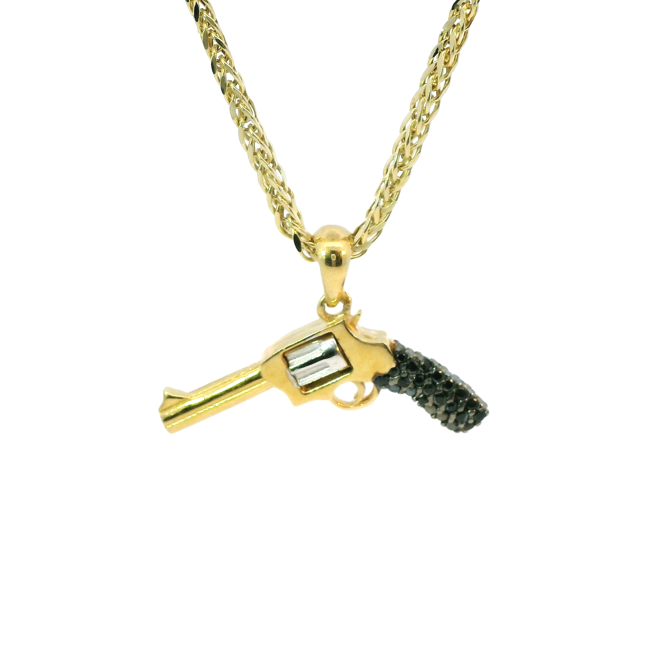 Deze hanger van Louis Bros is vervaardigd uit 14 karaat bicolor met zirkonia (2.87 gr.).
Deze hanger in de vorm van een pistool combineert twee tinten met finesse en geeft een gedurfde, eigentijdse look. Het pistool is verfijnd versierd met glinsterende zwarte zirkonia's, die een mysterieus en krachtig effect creëren. De mix van kleuren zorgt voor een stijlvol contrast, waardoor het sieraad opvalt zonder zijn elegantie te verliezen. Een perfect accessoire voor wie kracht en luxe in één statement wil verenigen.