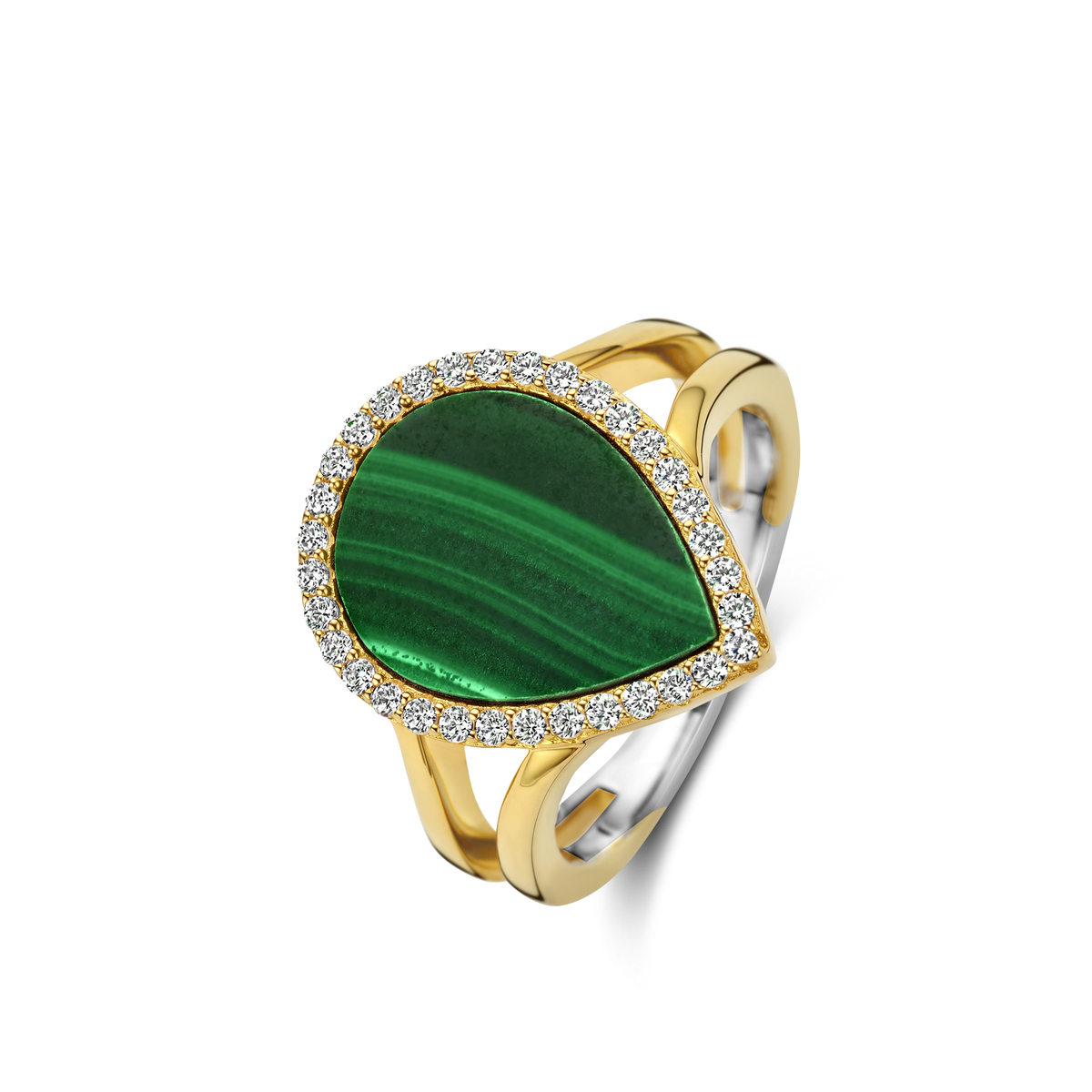 Zilver vergulde ring met zirconium en malachiet