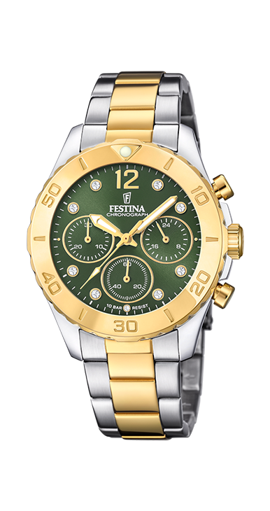 Festina - Quartz Chronograaf, 100m WR, Mineraalglas, Groene wijzerplaat bezet met zirkonia's - F20604/2