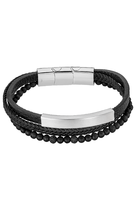 Deze Lotus Style armband voor heren is gemaakt van roestvrij staal, echt leer en lavasteen in zwart en zilverkleur. Het armband is stoer en stijlvol tegelijk, perfect voor elke gelegenheid. Draag het alleen om de pols als statement stuk of combineer het met andere armbanden voor een trendy look. De verstelbare sluiting zorgt voor een comfortabele pasvorm. Maak je outfit compleet met deze prachtige armband!