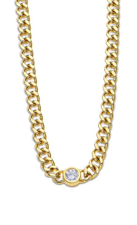 Dit Lotus Style collier voor dames is gemaakt van roestvrij staal en heeft een prachtige goudkleurige afwerking. Het collier heeft een schitterende 8mm zirkonia steen voor een vleugje glamour. Draag dit elegante sieraad in combinatie met een mooie avondjurk voor een luxe uitstraling. Een perfecte toevoeging aan elke sieradencollectie.