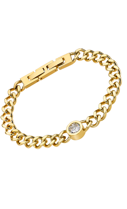 Deze prachtige Lotus Style armband voor dames is gemaakt van goudkleurig roestvrij staal en heeft een schitterende 8mm zirkonia steen. De armband is perfect voor het toevoegen van wat glamour aan elke outfit. Draag hem alleen voor een subtiele look of combineer hem met andere armbanden voor een trendy gelaagde stijl. Voeg deze armband toe aan je collectie voor een vleugje luxe.