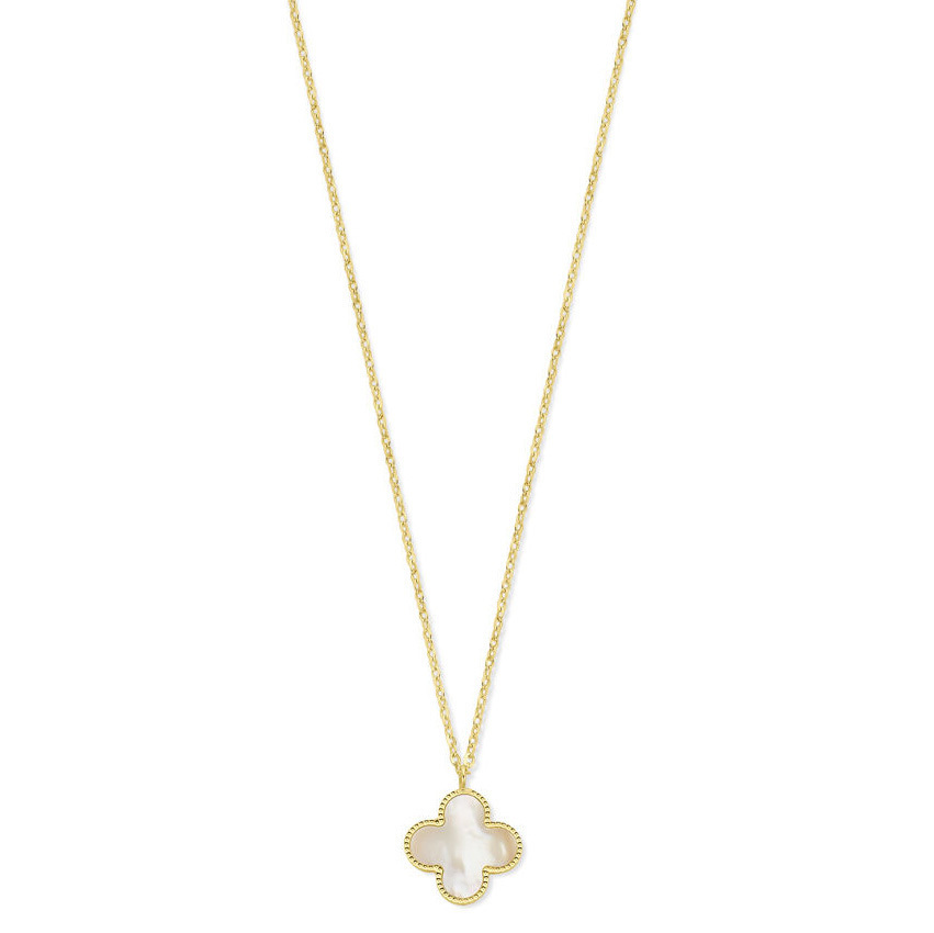 Huiscollectie - 14kt geelgouden collier met klavertje 4 parelmoer hanger, maat: 41 - 43 - 45 cm - 4029707