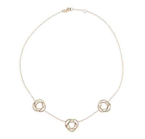 14 Karaat geel gouden anker collier met daarin verwerkt drie keer een ornament bestaande uit 3 gevlochten golvende gouden ringen.