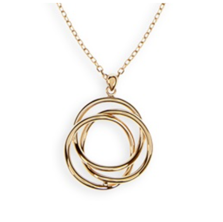 14 Karaat geel gouden anker collier van Italo Bottene met daaraan drie in elkaar gevlochten golvende ringen.
