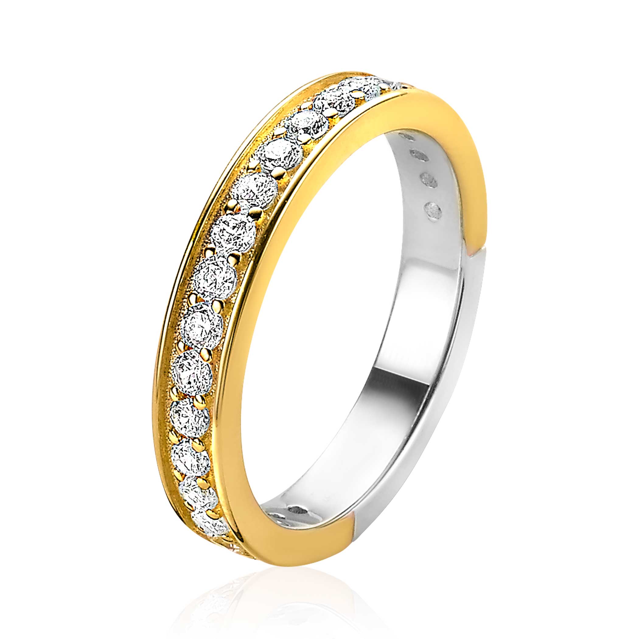 ZINZI zilveren fonkelende ring geel verguld, vol bezet met witte zirconia's. Vervaardigd van eerste gehalte zilver (925) en voorzien van een extra geelgoudkleurige laag.