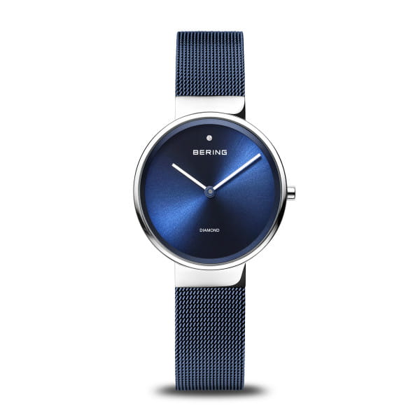 Bering dames horloge, blauwe milanese band, stalen kast, blauwe wijzerplaat