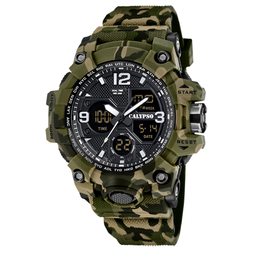 Een stoer horloge voor hem. Een digitaal/analoog horloge met een kunststof kast en een rubber band.