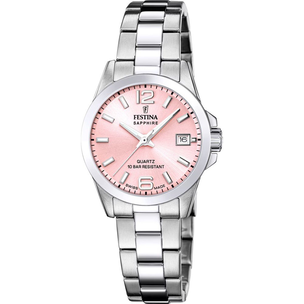 Festina Swiss Made dameshorloge F20049/3 met een kast van roestvrij staal en saffierglas, voorzien van een band van roestvrij staal.