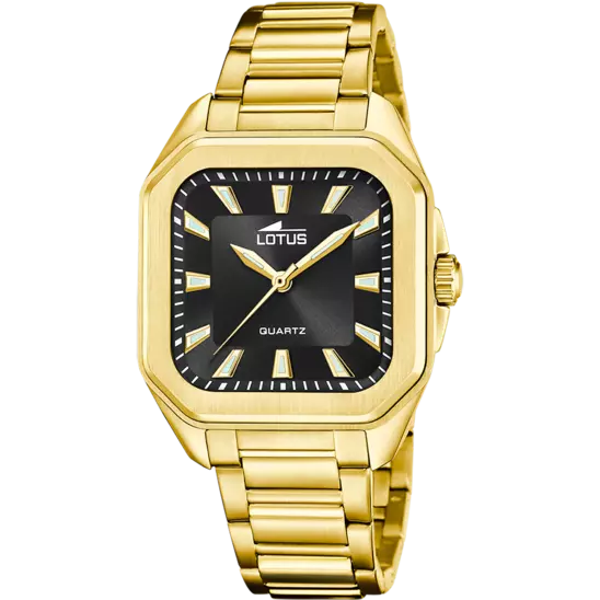 Deze Lotus horloge heeft een modern vierkant ontwerp in goudkleur met een zwarte wijzerplaat. Het stalen bandje zorgt voor een stoere uitstraling. Draag dit horloge om je pols voor een chique en stijlvolle look. Combineer het met zowel casual als formele outfits voor een veelzijdige uitstraling. Een trendy accessoire om elke outfit compleet te maken!