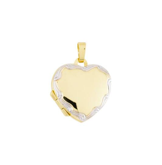 Gouden medaillon hanger in de vorm van een hart met witgouden ornamenten op de buitenrand (aan de binnenkant is plaats voor 2 foto's); 18x10mm.
