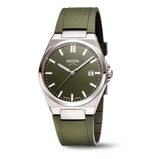 Dit Boccia horloge heeft een kast gemaakt van Titanium met een diameter van 39 mm en is voorzien van een rubber band. In de kast bevindt zich een Miyota kwaliteitsuurwerk en is afgewerkt met saffierglas