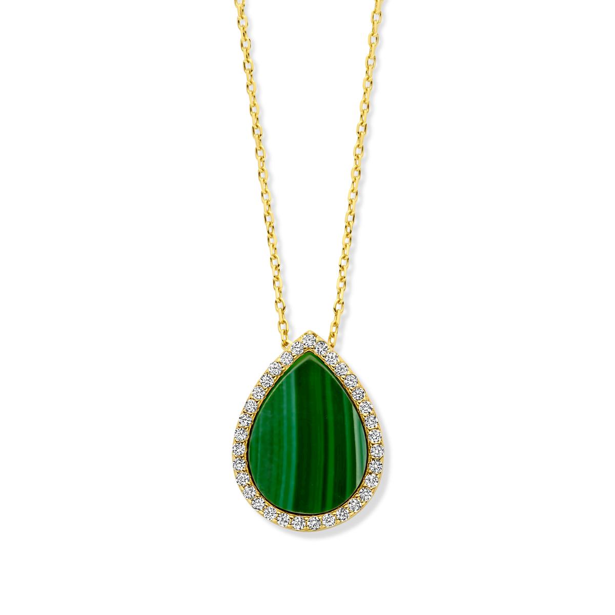 Zilveren vergulde ketting met hanger malachiet en zirconium