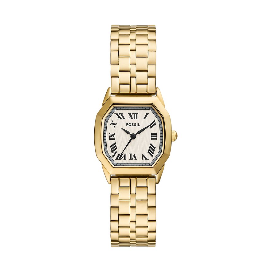 Fossil dames horloge. analoog. Goudkleurige band. Goudkleurige 8 kantige kast met een lichte wijzerplaat. 