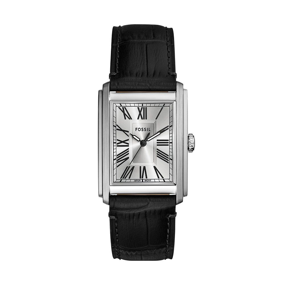  Fossil herenhorloge. Analoog. Rechthoekige stalen kast met een lichte wijzerplaat. 
