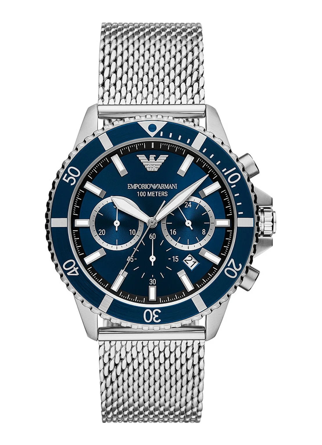 Dit Emporio Armani horloge van 43,5 mm heeft een donkerblauwe sunray-wijzerplaat met cd-afwerking op de tellers, zilverkleurige accenten, chronograaf uurwerk en een roestvrijstalen mesh bandje.