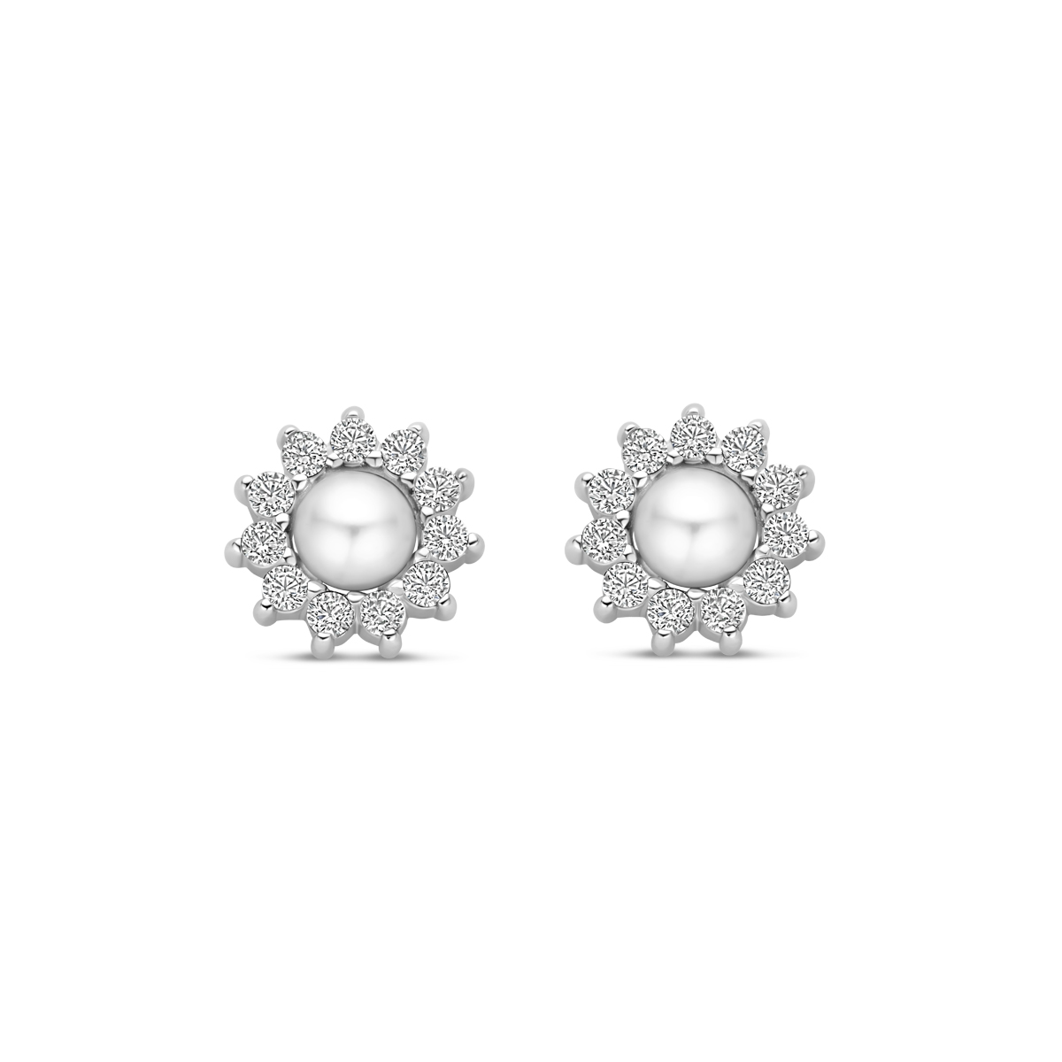 Gerhodineerd 925 zilveren oorknoppen uitgevoerd met zoetwaterparel en zirkonia. De oorknoppen hebben een diameter van 8mm.